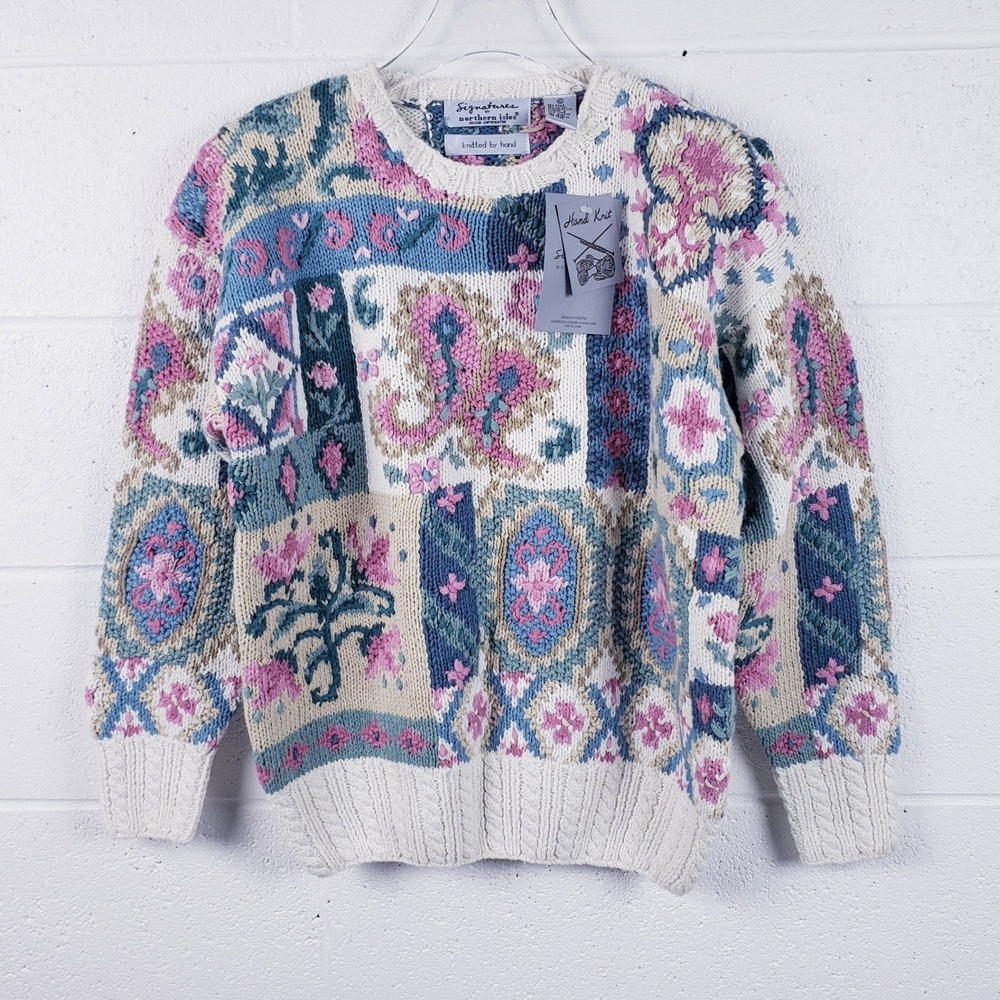 Signatures by Northern Isles Sweater Multicolor Patchwork Hand Knit Floral XL‎